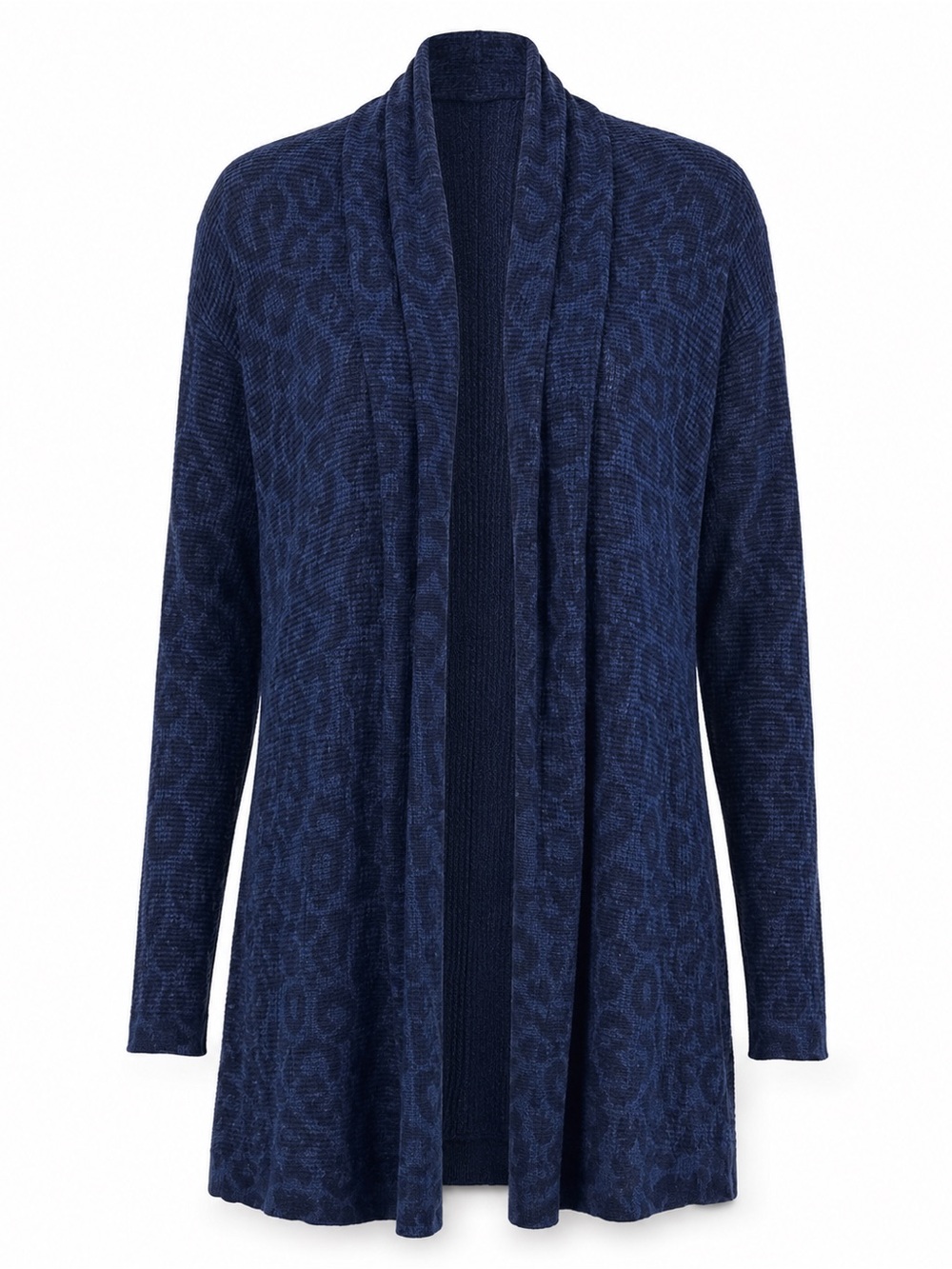 Rebecca Taylor Navy Leopard Print Open Front Cardigan Cozy Longline Sweater 📐S/M
